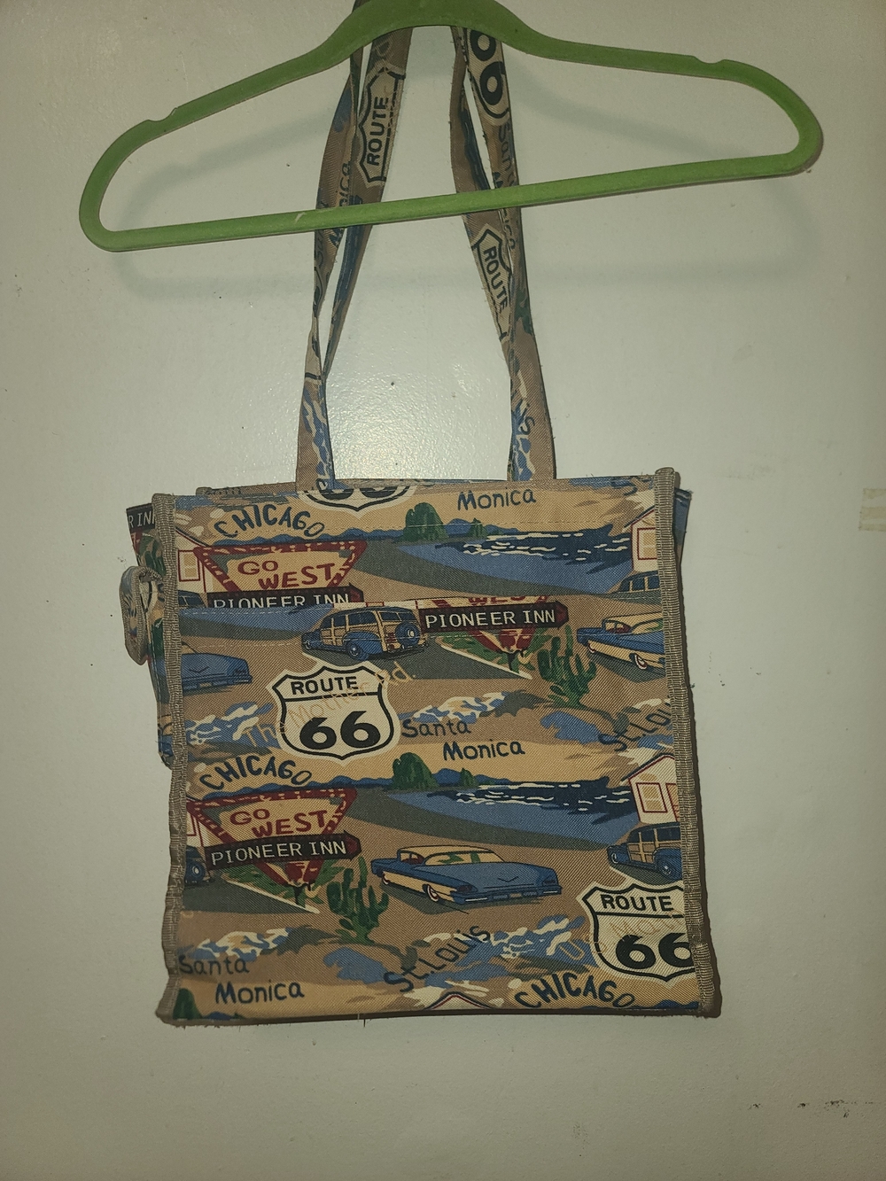 Jade Route 66 Printed Crossbody Bag in Tan and Blue